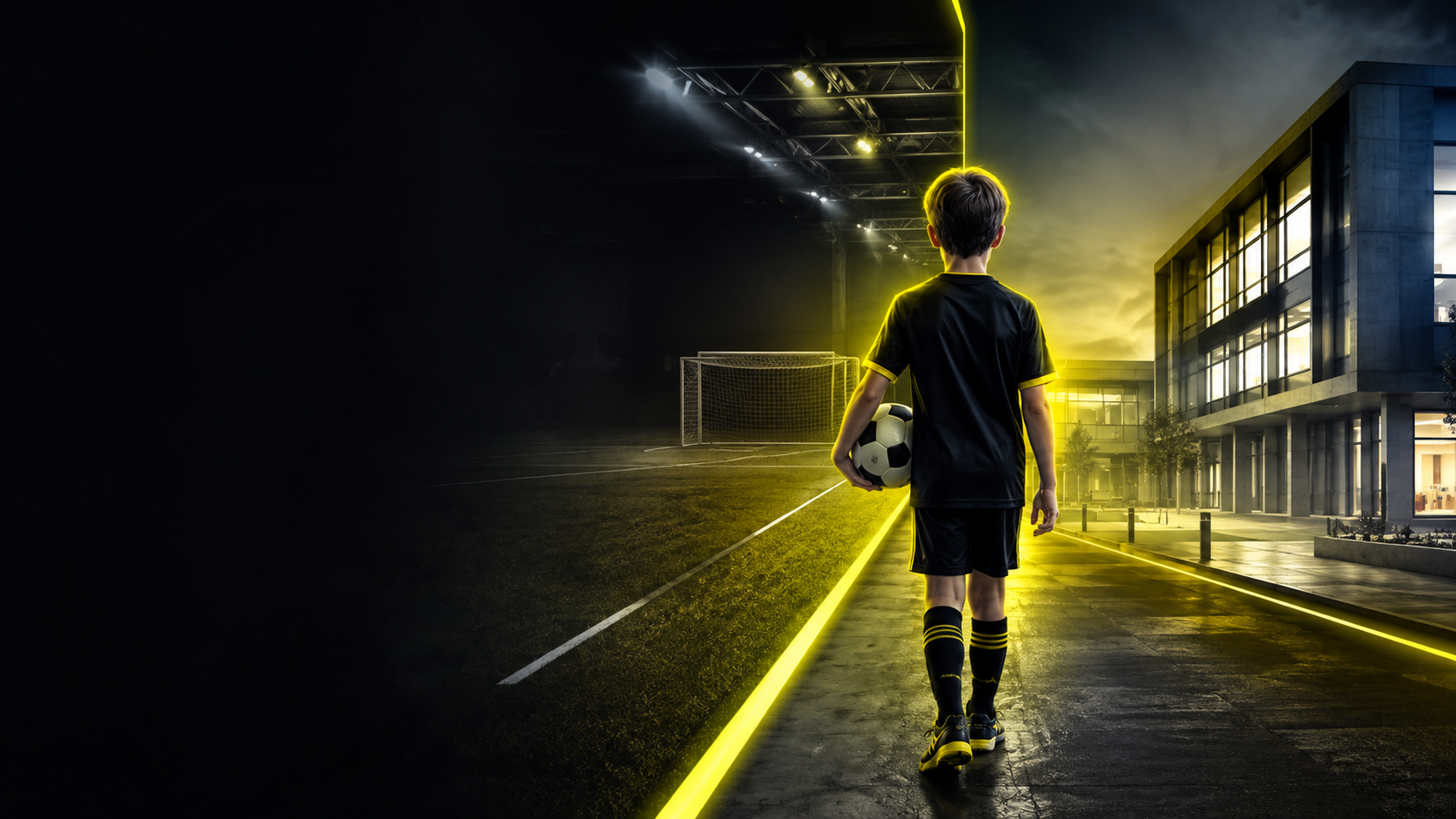 Jeune footballeur entre son terrain d’entraînement et son collège